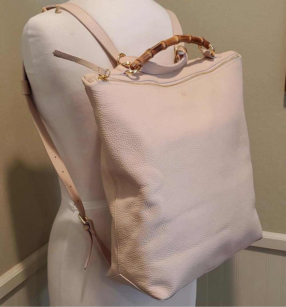 Mark & Graham Italian  Leather Bamboo Handle Backpack Tote soft pink